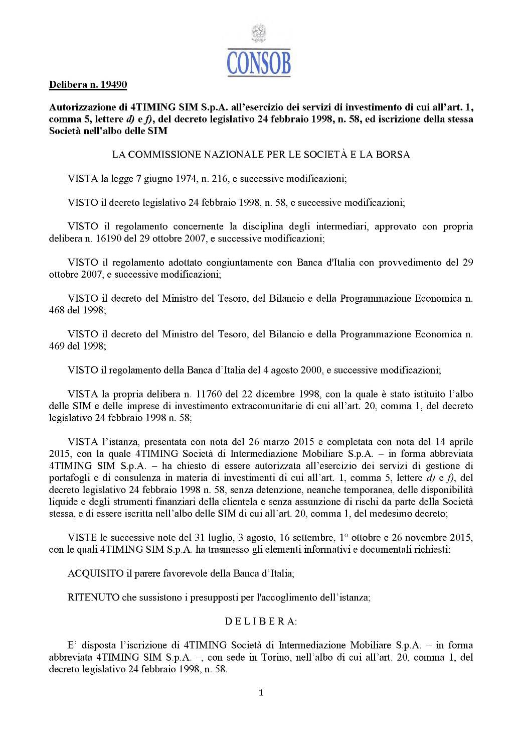 Consob- Autorizzazione 4Timing SIM